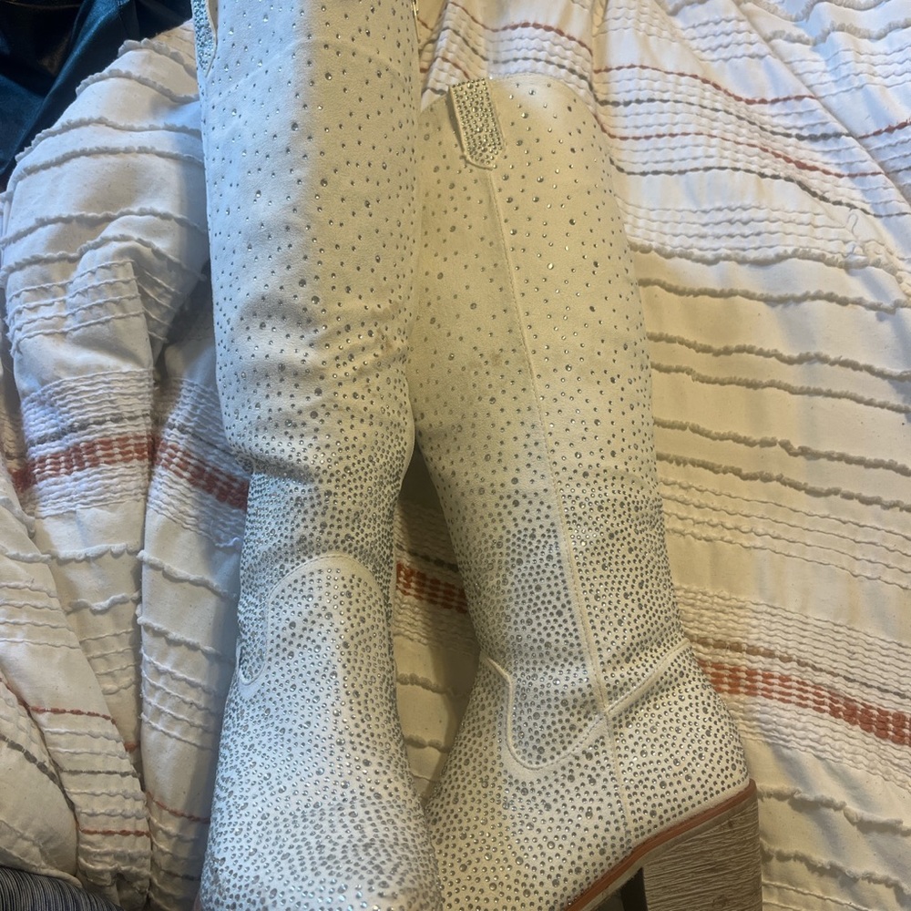 Pierre Dumas white rhinestone boots
